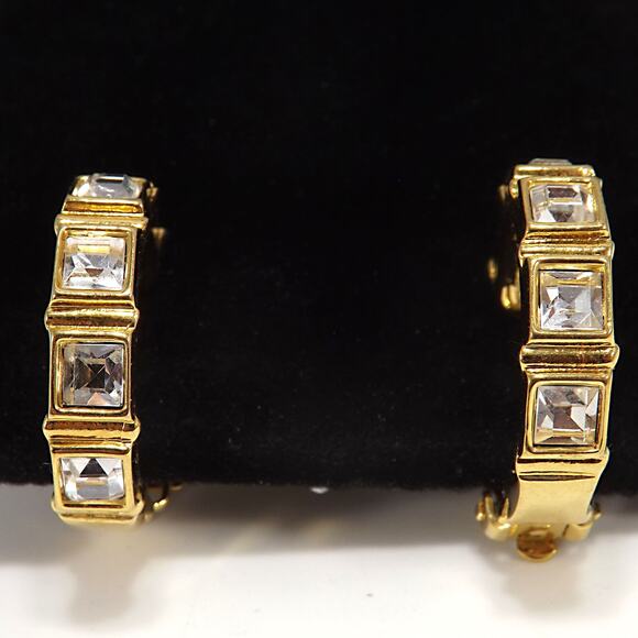 Swarovski Swan Logo Clip Earrings Gold Plated Square Crystal Rhinestone Vintage - Picture 6 of 10